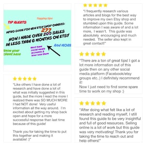 May include: Five-star reviews for an Etsy shop guide. The guide is titled "Intro Guide for New Etsy Shop Owners: How I Made Over 200 Sales in Less Than 6 Months on Etsy". The guide includes tips on tagging, social media, and knowing your client base.