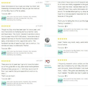 May include: Five customer reviews for an Etsy guide on how to make 200 sales in less than six months. The reviews are positive and highlight the guide's helpfulness and usefulness. The guide is described as concise, easy to understand, and full of specific tips.