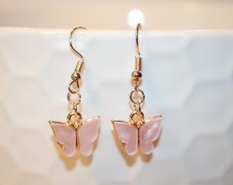 Pink Butterfly Dangle Earrings, Gift for Her Birthday, Butterfly Earrings, Minimalist Earrings, Teen Girl, Elegant Butterfly Gold Jewelry