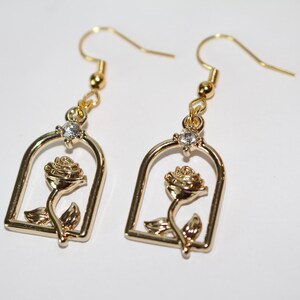 Enchanted Rose Earrings, Rose Earrings, Gold Rose Earrings, Gift Girl, Delicate Whimsical Earrings, Beauty Earrings, Beast Earrings Birthday