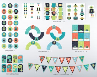 Op de afbeelding: Robot-party printset met cupcake toppers, verpakkingen, cadeau-etiketten, tafelkaarten en een banner. De set heeft een blauw, groen en oranje kleurenschema met robot-illustraties. De banner luidt "Happy Birthday".