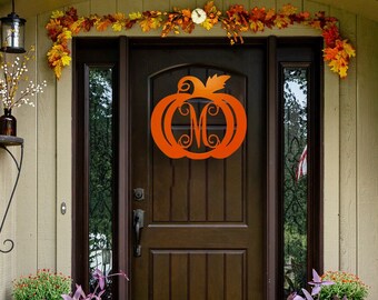 Wood Pumpkin Initial Front Door Monogram Cutout Fall Door Decor - Custom Pumpkin Initial Décor Wreath Orange Fall Color