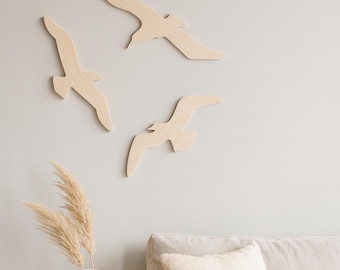 Minimalist Wooden Seagull Wall Art – Set of 3 Bird Cutouts for Coastal or Boho Living Room Decor - Seagulls Beach Decor birds Flock set