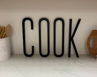 Wooden COOK Letters for Kitchen farmhouse decor, above stove THIN modern tall letters