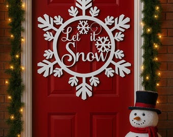 Let It Snow Wooden Snowflake Door Sign | Christmas Front Door Decor | Holiday Wreath Alternative | Winter Porch Wood Decoration