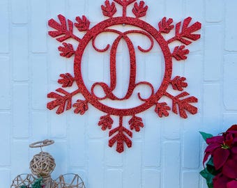 Red Snowflake Monogram- Holiday Wooden Monogram Letters - Classic Script Door Hanger Wreath - Red Christmas Sign, winter holiday decoration