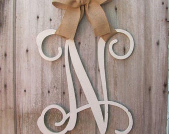 Monogram Letter Door Hanger Wreath Initial Front Entrance for home decor or personalized gift for Christmas - Custom Letter with Burlap Bow