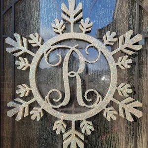 Wood Snowflake Monogram- Holiday Wooden Monogram Letters - Interlocking Script, Door Hanger Wreath- Christmas, winter holiday decoration