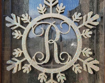 Wood Snowflake Monogram- Holiday Wooden Monogram Letters - Interlocking Script, Door Hanger Wreath- Christmas, winter holiday decoration