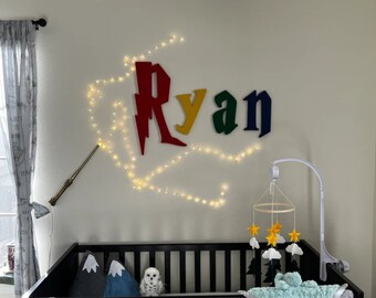 Wizard custom wood name sign 16" to 48" wide, nursery sign, over crib sign, nursery letters, wizard room