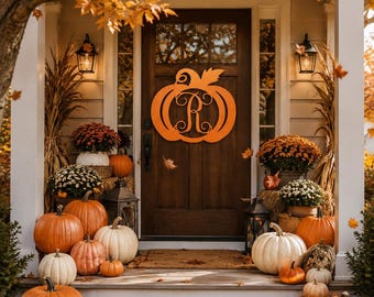 Custom Wood Pumpkin Monogram Door Hanger – Fall Autumn Porch Decor Entrance
