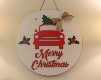 Christmas Decor - Merry Christmas Door Hanger - Retro Truck Christmas Wreath - Vintage Truck Christmas Decor Sign