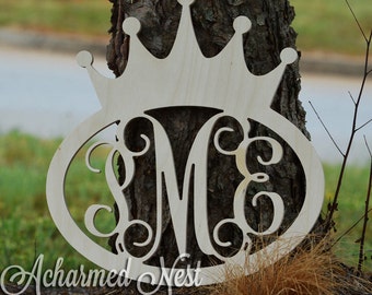 Wooden Monogram Letters with Crown - Wood Cut Outs - Wood Sign - Wall Hanging Monogram, all sizes available - Princess Wooden Monogram Sign