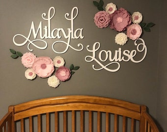 Name Sign Cutout - Nursery Baby Name Wall Hanging - Backdrop Name Decor - Calligraphy Wooden Name - Hula Hoop Wreath Name - Wall Art