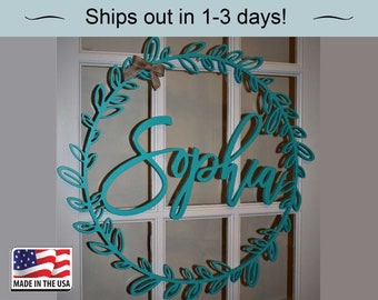 Wooden Wreath Name Sign Wall Hanging, Personalized Wreath Sign, Wooden Name Monogram, Rustic Nursery Decor, Modern Calligraphy Name 26"