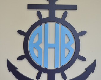 Wooden Anchor Monogram, 3 Letter Monogram- Nautical Monogram- Nursery Monogram- Wall Decor letters -PAINTED Anchor cut out sign 2 tones