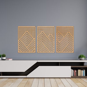 Large Mountain Wall Art Decor With Lines Panel Set of 3 Wood Wall Art Decor Wooden Nursery Sign Picture Living Room