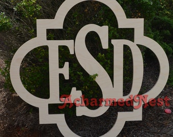 Quatrefoil Border Wood Monogram - Wooden Monogram - Wall Hanging - Door Decor - Unpainted Monogram, Wooden Wall Monogram, Modern Monogram
