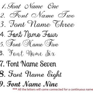 May include: Nine different font styles are shown in black ink on a white background. Each font style is numbered 1 through 9 and includes the words "Font Name" followed by the number. The text at the bottom of the image reads "*** All the letters will come connected for a continuous name."