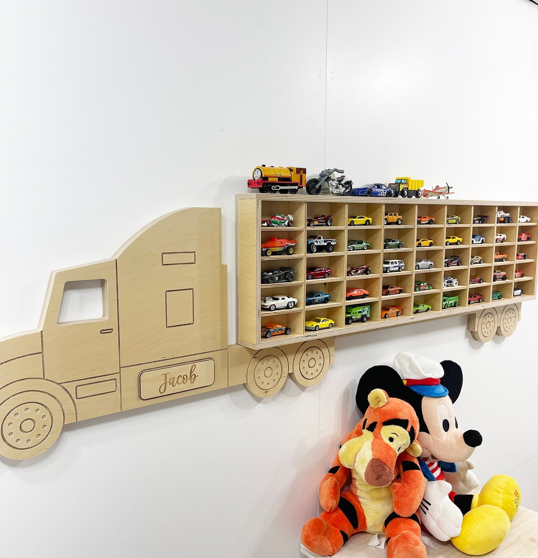 Personalized Large Toy Truck Storage Car Shelves for Toddlers Wood
