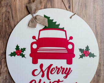 Merry Christmas Door Hanger Wreath - Christmas Sign Wood Wall Hanging Burlap Bow - Seasonal Wood Sign for Decoration