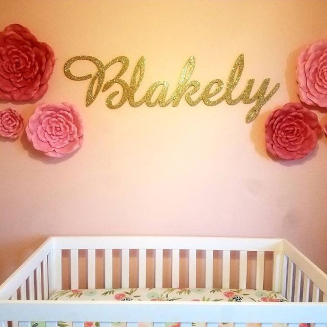 Wooden Name Sign Glittered Gold Nursery Sign Bedroom Wall Nursery Decor