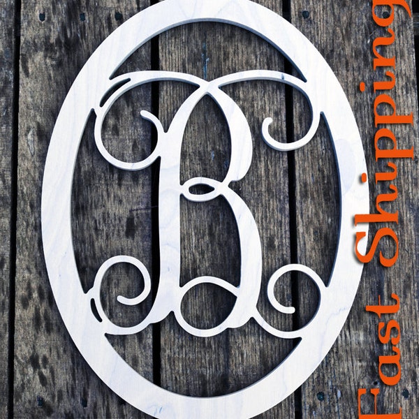 Initial Door Hanger- Wooden Monogram- Home Decor- Initial with Border -Unpainted Vine Script Letter