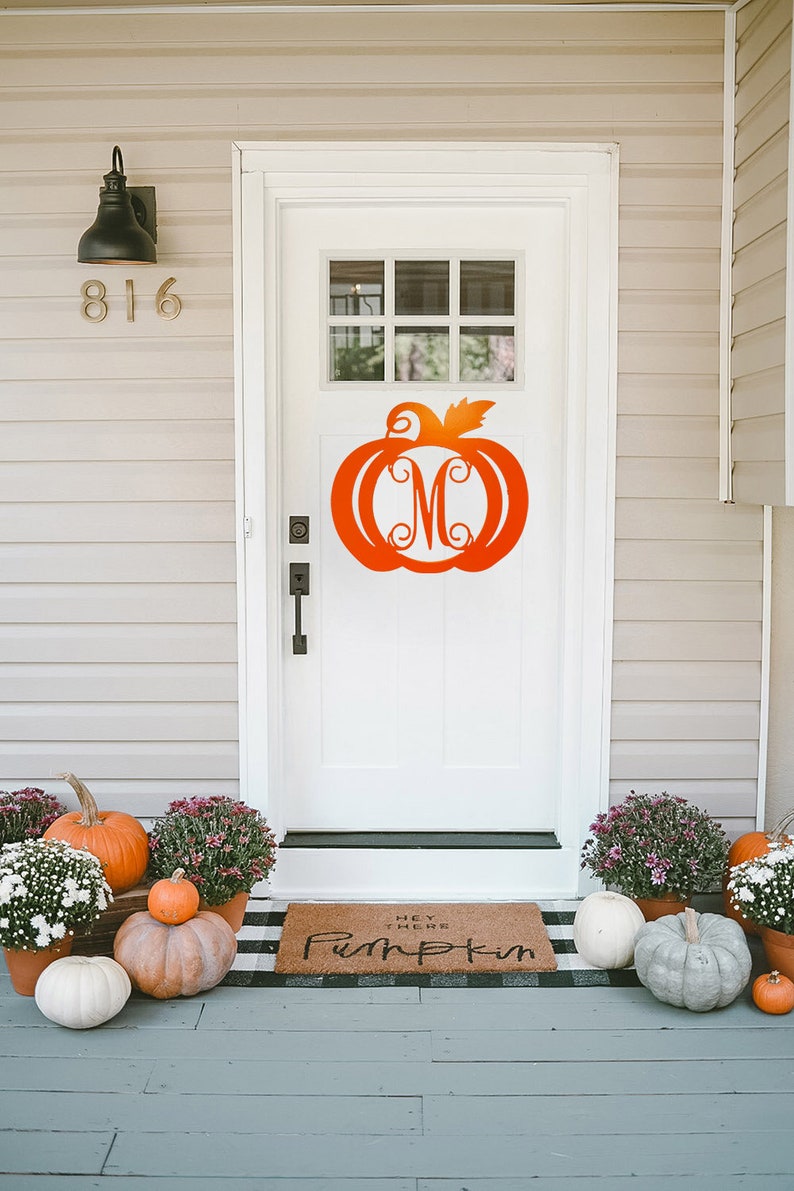 Wooden Pumpkin Monogram, Door Hanger, Monogram Door Wreath, Fall Decor, Happy Y'all, Thanksgiving Decor, Wooden Initials, Wooden Letters image 2