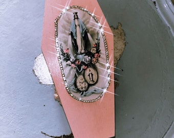 Virgin Mary pale pink diamanté  wooden coffin box