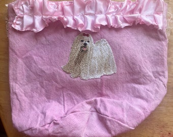 Baby pink cotton canvas bucket with lace and Maltese dog patch