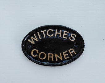 Handmade Witches Corner Sign: Black & Gold Resin Plaque