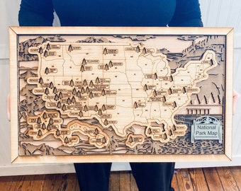 National Park Tracker Map, Travel Lover Gift, Handmade Wood Travel Map