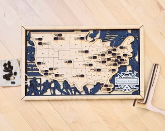 Handmade Hockey Stadium Tracker Map: Wood Travel Gift