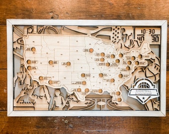 Handmade Wood Basketball Stadium Tracker Map: Sports Fan Gift