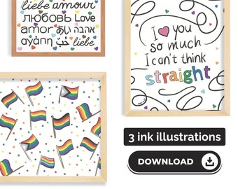3 PRINTABLES - Ink pride flag - queer art - Inclusive Wall Decor - LGBT ART - Pride home