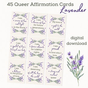 45 QUEER Positive Affirmations Cards with Lavender Illustration Digital Download LGBTQ lavender themed queer history image 1
