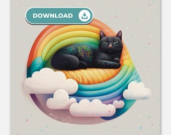 PRINTABLE Rainbow Dreams - Black Cat on a Cloud - Queer and Lesbian Spirit - Inclusive Wall Decor - Rainbow Illustration