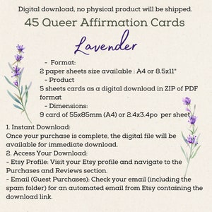 45 QUEER Positive Affirmations Cards with Lavender Illustration Digital Download LGBTQ lavender themed queer history image 3