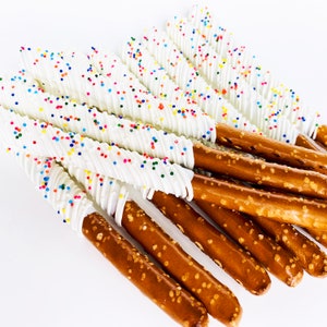 White Chocolate Rainbow Sprinkles Pretzel Rods, Pretzel, Shower, Birthday, Wedding, Celebrate, Favors