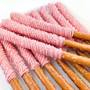 Sparkling Chocolate Covered Pretzel Rods, Melon, Pink, Pretzel, Shower, Birthday, Wedding, Celebrate, Favors