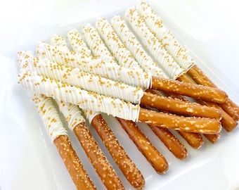 White Wedding, Chocolate Covered Pretzel Rods, Gold, White, Pretzel, Shower, Birthday, Wedding, Anniversary, Celebrate, Favors