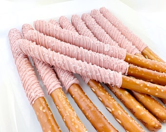 Sparkling Chocolate Covered Pretzel Rods, Dusk, Rose, Pink, Pretzel, Shower, Birthday, Wedding, Celebrate, Favors