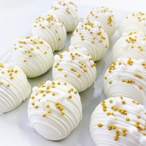 White Wedding Cake Truffles, Cake Bon Bons, Cake Pops, Gold, Cake, Birthday, Shower, Wedding, Anniversary, Favor, Celebrate