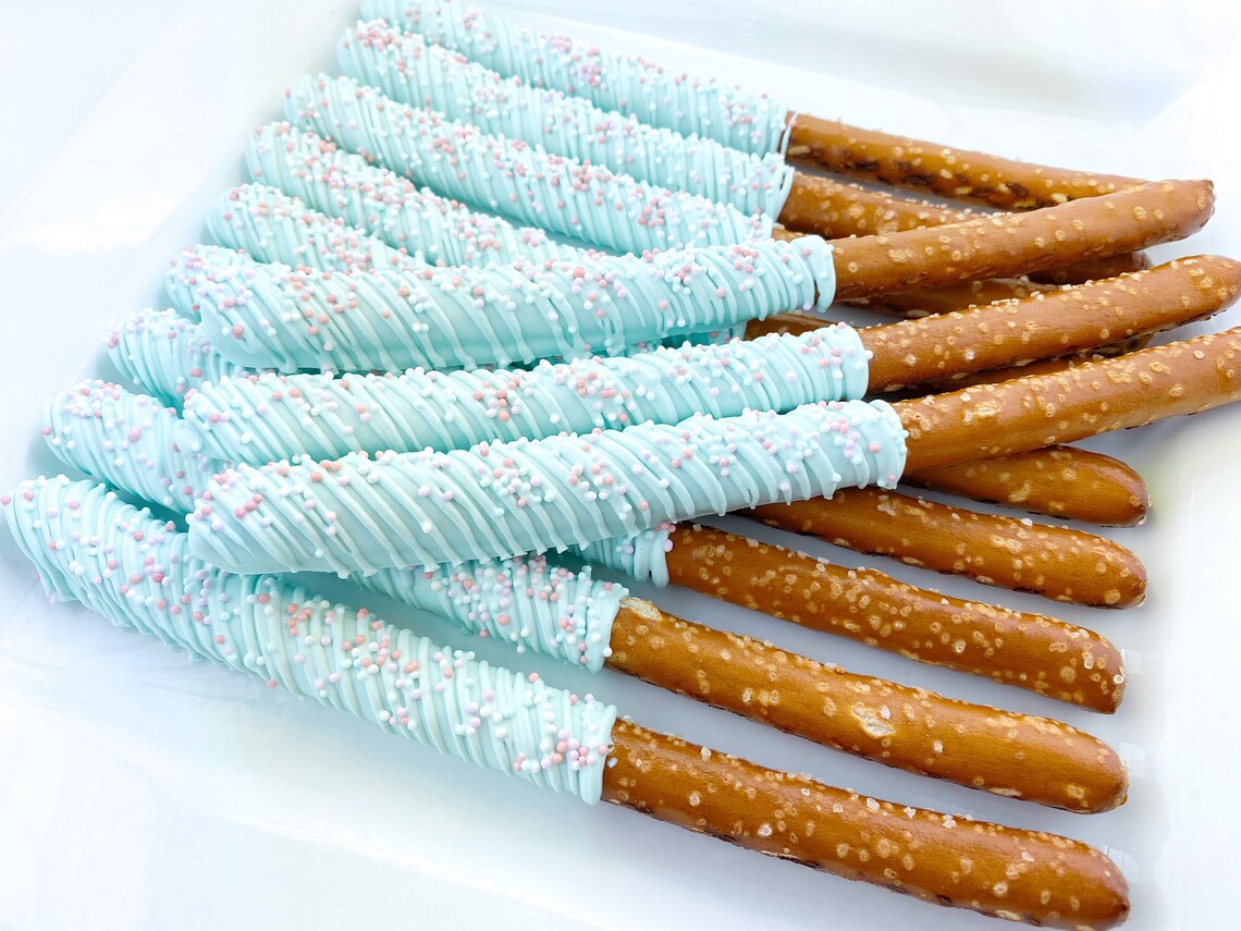 Chocolate Covered Pretzel Rods Baby Blue Rainbow Pretzel Etsy