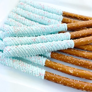 Chocolate Covered Pretzel Rods, Baby Blue Rainbow, Pretzel, Shower, Birthday, Wedding, Celebrate, Favors