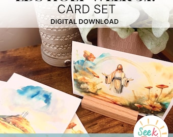 May include: A set of 5x7 inch digital download cards featuring watercolour illustrations of scenes from the LDS Holy Week. The cards are beautifully illustrated and include a depiction of Jesus Christ.