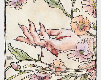 Art nouveau-aquarelkunst schilderij wordt afgedrukt - &quot;Loslaten&quot; - moderne pen en inktafdruk