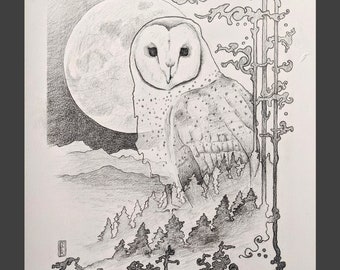 フクロウの精霊動物の風景画 - 「予言者」 - オリジナルのモダンアールヌーボープリント