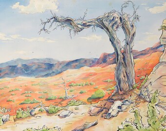 Woestijnlandschap aquarelverf - Giclee prints - originele kunst met pen en inkt