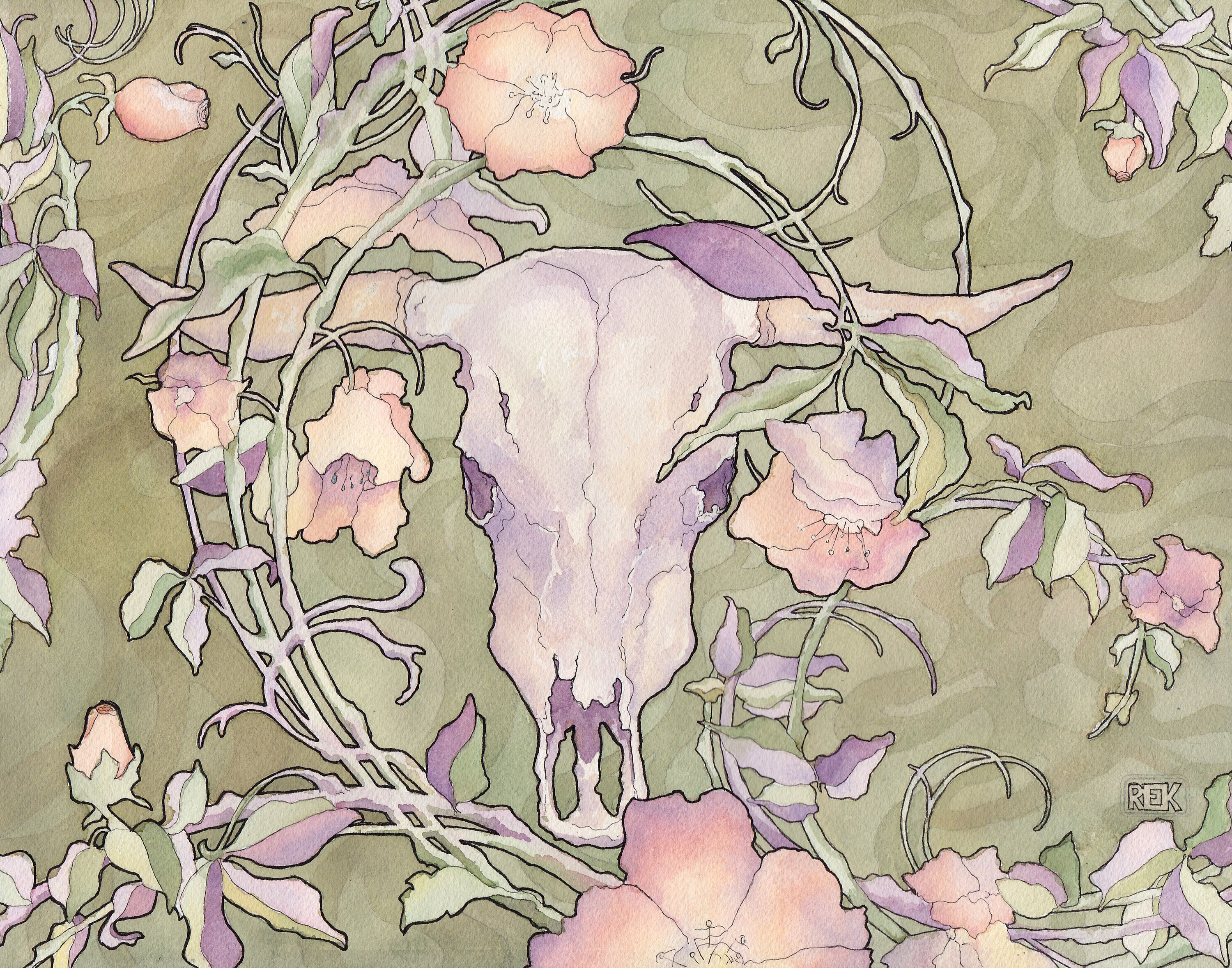 Art nouveau aquarel koeienschedel - "In the Vines" - moderne print met pen en inkt